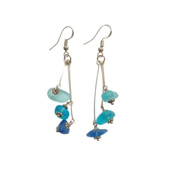 Handmade Three Colors of Hawaiian Ocean’Dangle Earrings Sterling Silver 925 Blue - Picture 2 of 6